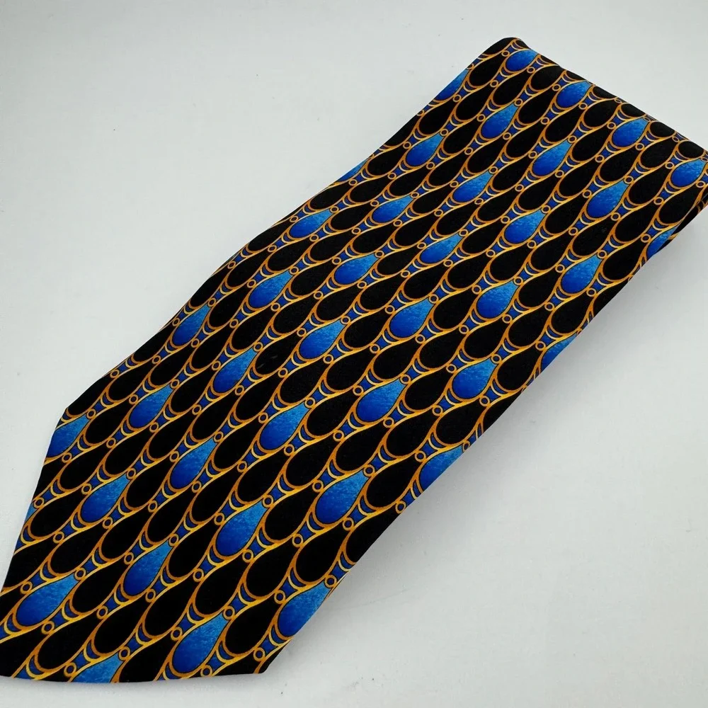Pavone Mens Silk Tie Italy Luxury Blue‎ Gold Black Pattern Necktie Vintage